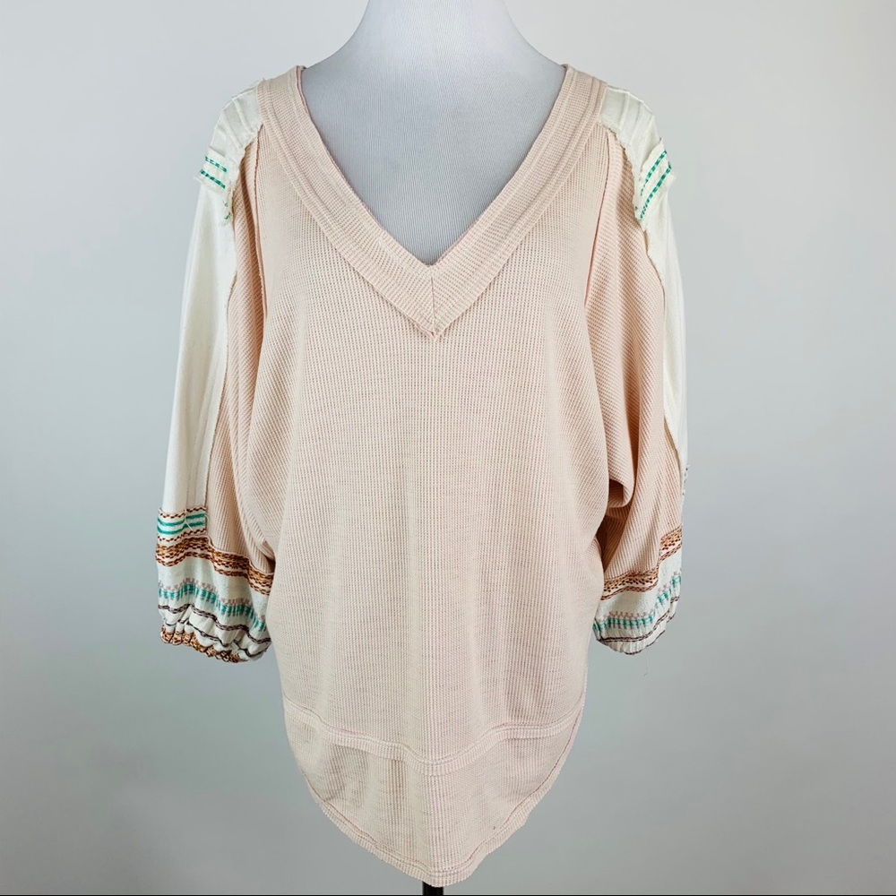 Free People Pink Thermal Patterned Sleeve Top